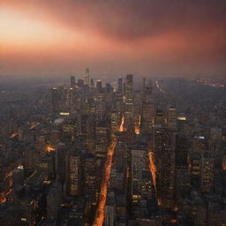 A sprawling cityscape at dusk under a smoky sky, with towering buildings illuminated by the startling orange glow of a fire raging in the heart of the city.