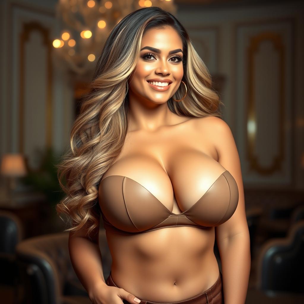 A gorgeous, curvaceous woman with large breasts, exuding confidence and allure