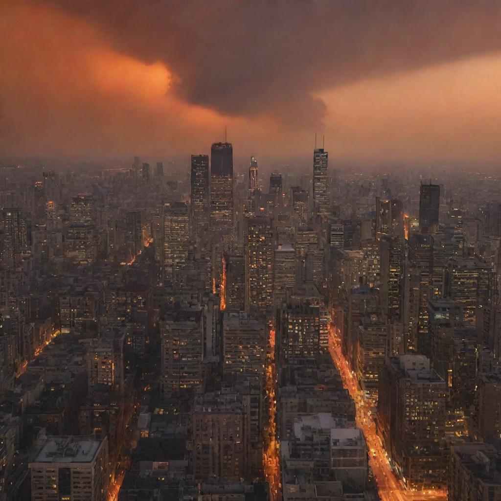 A sprawling cityscape at dusk under a smoky sky, with towering buildings illuminated by the startling orange glow of a fire raging in the heart of the city.