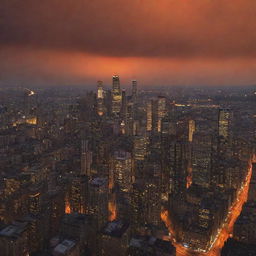 A sprawling cityscape at dusk under a smoky sky, with towering buildings illuminated by the startling orange glow of a fire raging in the heart of the city.