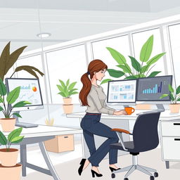 An illustrative woman working in a modern office environment, focused and engaged at her desk, surrounded by stylish office furniture