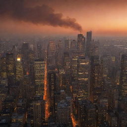 A sprawling cityscape at dusk under a smoky sky, with towering buildings illuminated by the startling orange glow of a fire raging in the heart of the city.