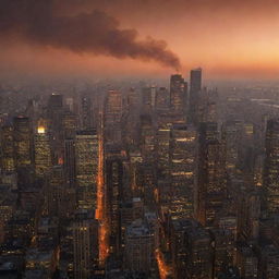 A sprawling cityscape at dusk under a smoky sky, with towering buildings illuminated by the startling orange glow of a fire raging in the heart of the city.