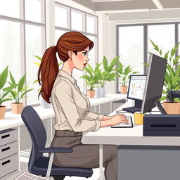 An illustrative woman working in a modern office environment, focused and engaged at her desk, surrounded by stylish office furniture