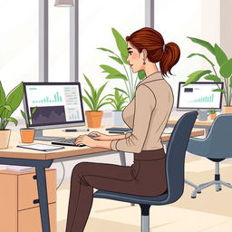 An illustrative woman working in a modern office environment, focused and engaged at her desk, surrounded by stylish office furniture