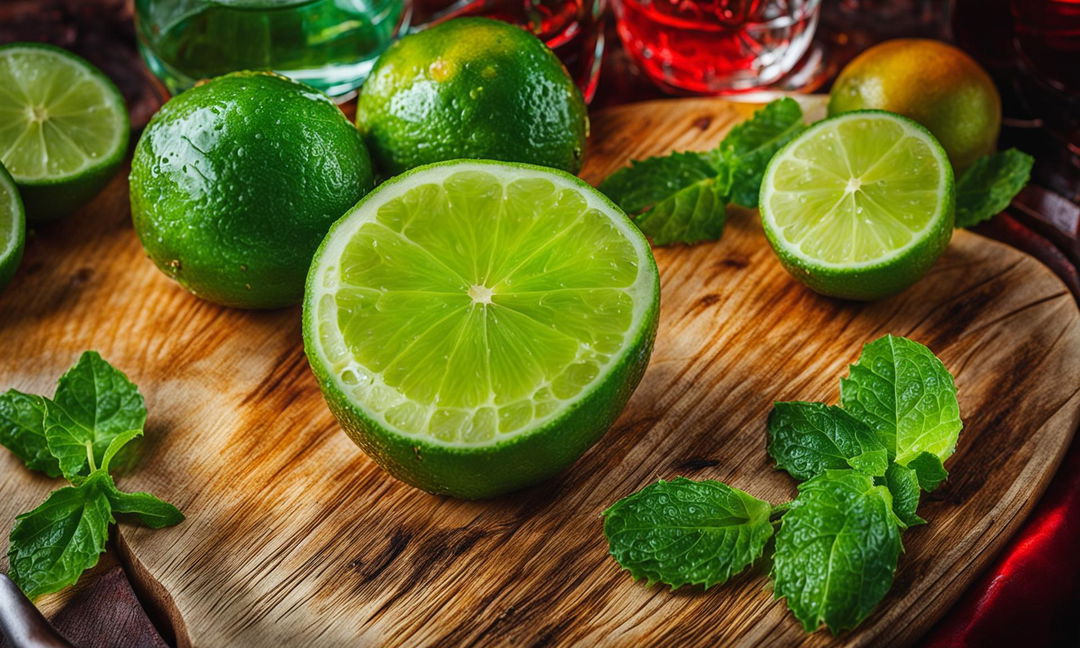 A heart-shaped lime slice on a rustic cutting board with cocktail ingredients in the background.