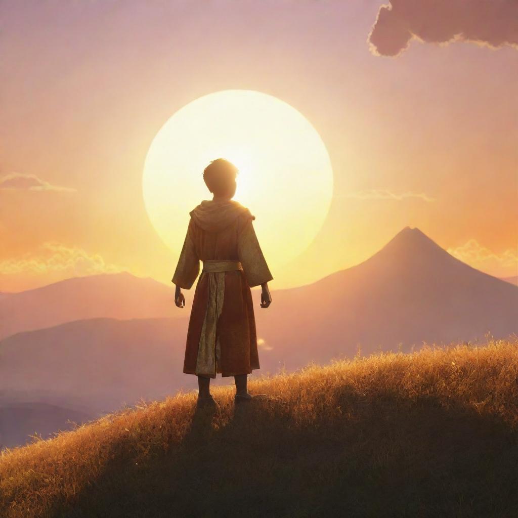 An animated character standing on a hill with a beautiful sunrise in the background. Separate from the character, present various forms of gold shining brightly under the rising sun's rays.