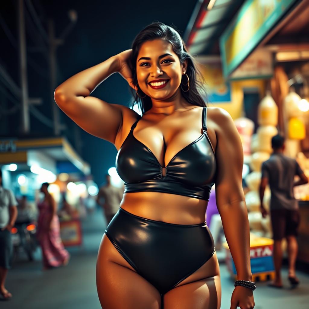 A smiling curvy Indian woman with wide hips is standing in a bustling public market at night