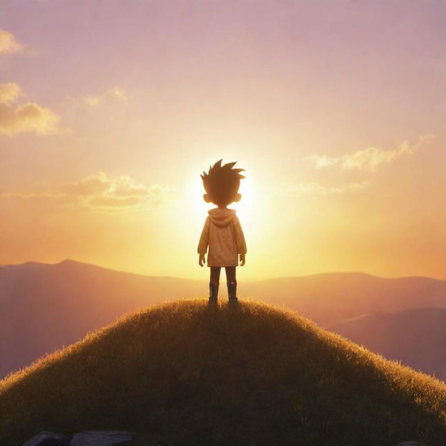 An animated character standing on a hill with a beautiful sunrise in the background. Separate from the character, present various forms of gold shining brightly under the rising sun's rays.