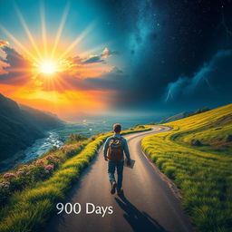 A vibrant and dramatic scene capturing the essence of a challenging journey, showcasing a landscape depicting the passage of time over 900 days