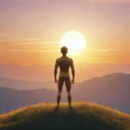 An animated character standing on a hill with a beautiful sunrise in the background. Separate from the character, present various forms of gold shining brightly under the rising sun's rays.