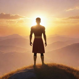 An animated character standing on a hill with a beautiful sunrise in the background. Separate from the character, present various forms of gold shining brightly under the rising sun's rays.