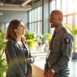 A cheerful woman in a modern office environment, engaged in a light-hearted conversation with a friendly male security guard