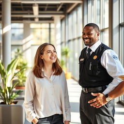 A cheerful woman in a modern office environment, engaged in a light-hearted conversation with a friendly male security guard