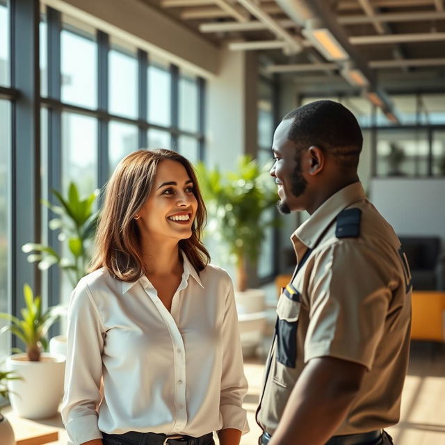 A cheerful woman in a modern office environment, engaged in a light-hearted conversation with a friendly male security guard