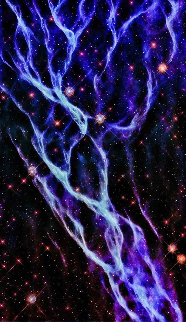 A high-definition NASA photograph of a vibrant nebula in hues of purple and blue against a star-studded black background.