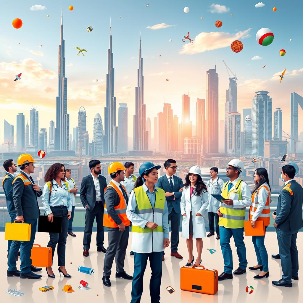 A vibrant and futuristic depiction of the dynamic job market in Dubai, showcasing a striking skyline filled with iconic landmarks like the Burj Khalifa and modern skyscrapers