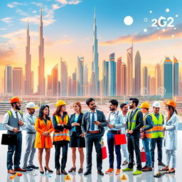 A vibrant and futuristic depiction of the dynamic job market in Dubai, showcasing a striking skyline filled with iconic landmarks like the Burj Khalifa and modern skyscrapers