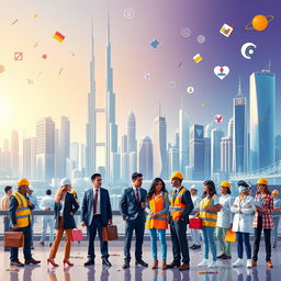 A vibrant and futuristic depiction of the dynamic job market in Dubai, showcasing a striking skyline filled with iconic landmarks like the Burj Khalifa and modern skyscrapers