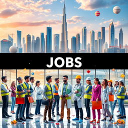 A vibrant and futuristic depiction of the dynamic job market in Dubai, showcasing a striking skyline filled with iconic landmarks like the Burj Khalifa and modern skyscrapers