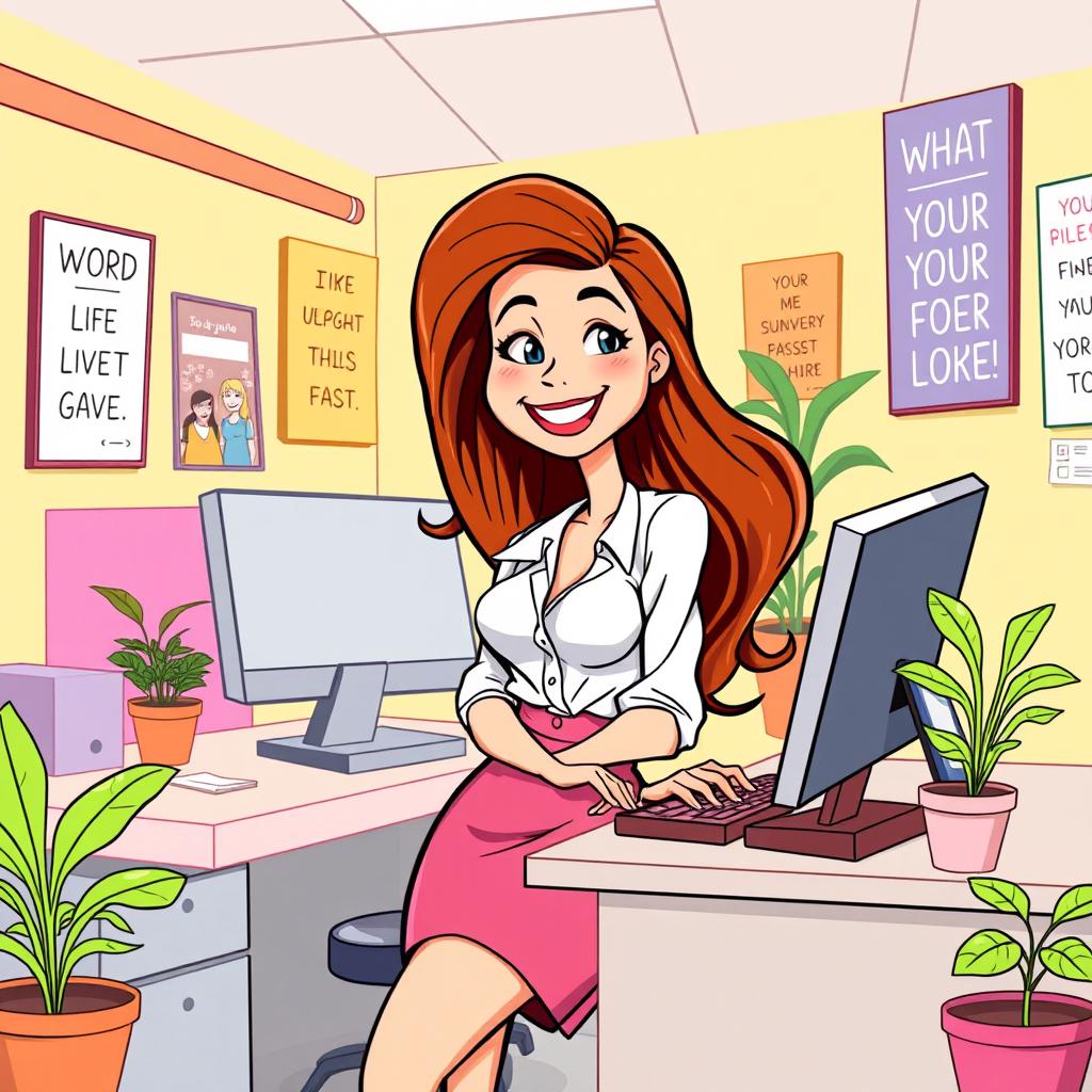 A cartoon-style illustration of a woman working in an office