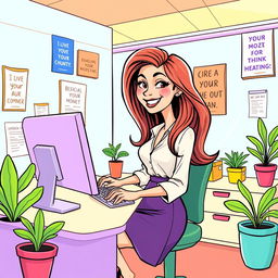 A cartoon-style illustration of a woman working in an office