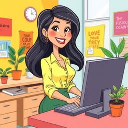 A cartoon-style illustration of a woman working in an office