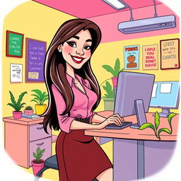 A cartoon-style illustration of a woman working in an office