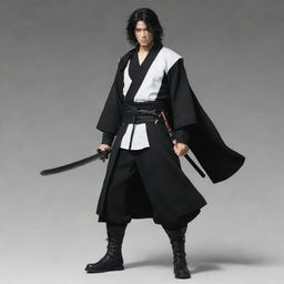 Un personaje llamado Kazuki con cabello negro ondulado, ojos negros, una capa negra desgarrada, polo blanco, pantalones negros, botas negras, guantes de medio dedo negros y una katana en su cintura.