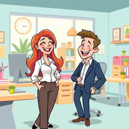 A cheerful cartoon woman working in an office, laughing with a cartoon man