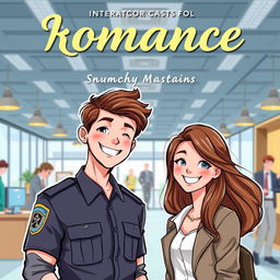 A romantic book cover featuring a corporate office background bustling with activity