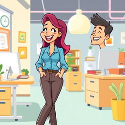 A cheerful cartoon woman working in an office, laughing with a cartoon man