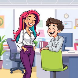 A cheerful cartoon woman working in an office, laughing with a cartoon man