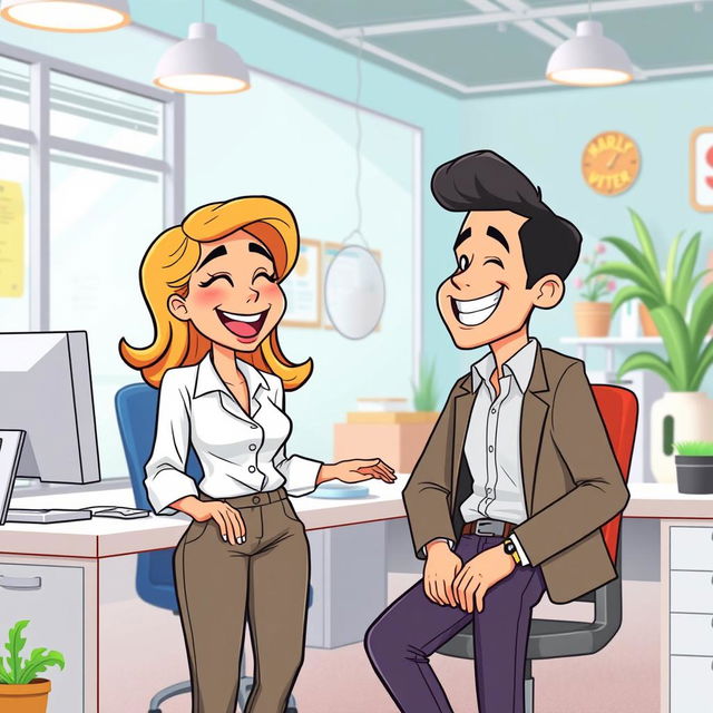 A cheerful cartoon woman working in an office, laughing with a cartoon man