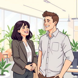 An illustrative scene of a woman working in a modern office, sharing a laugh with a man