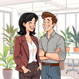 An illustrative scene of a woman working in a modern office, sharing a laugh with a man