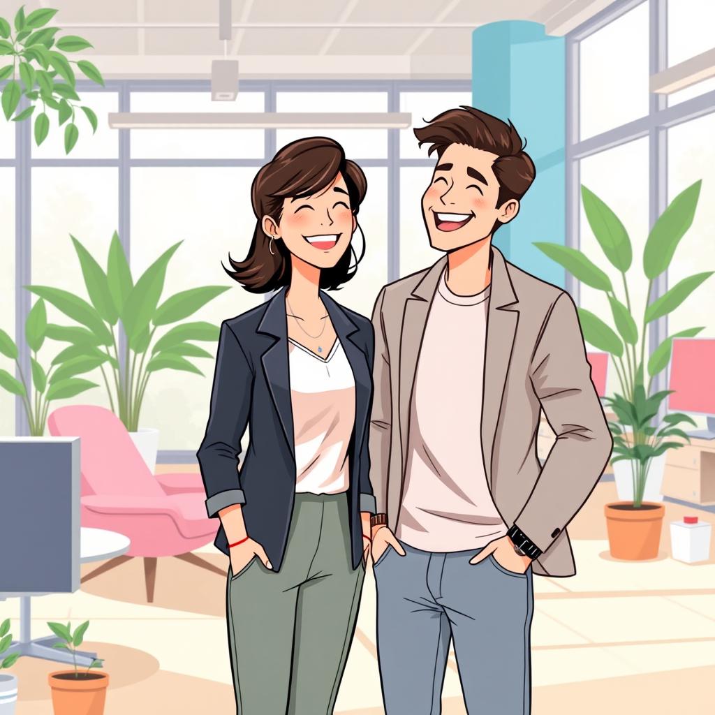 An illustrative scene of a woman working in a modern office, sharing a laugh with a man