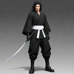 Un personaje llamado Kazuki con cabello negro ondulado, ojos negros, una capa negra desgarrada, polo blanco, pantalones negros, botas negras, guantes de medio dedo negros y una katana en su cintura.