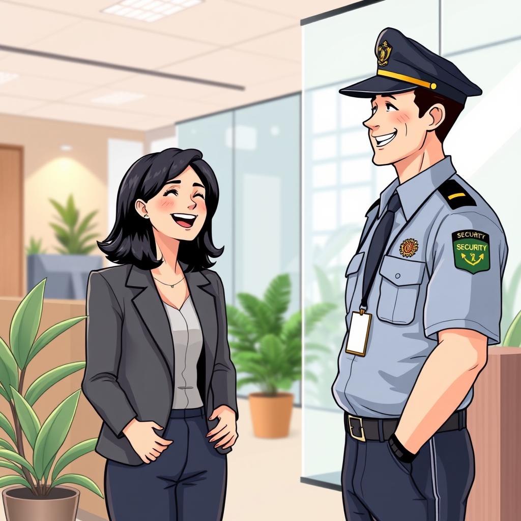 An illustrative scene of a woman working in a modern office, laughing with a man dressed as a security guard