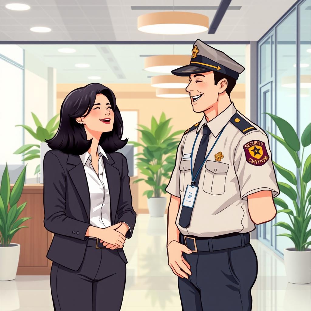 An illustrative scene of a woman working in a modern office, laughing with a man dressed as a security guard