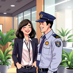 An illustrative scene of a woman working in a modern office, laughing with a man dressed as a security guard