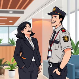 An illustrative scene of a woman working in a modern office, laughing with a man dressed as a security guard