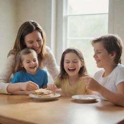 A heartwarming scene of a Caucasian family eating peanut butter sandwiches in a bright room filled with warm natural light streaming in from the windows.