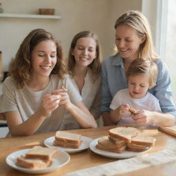 A heartwarming scene of a Caucasian family eating peanut butter sandwiches in a bright room filled with warm natural light streaming in from the windows.