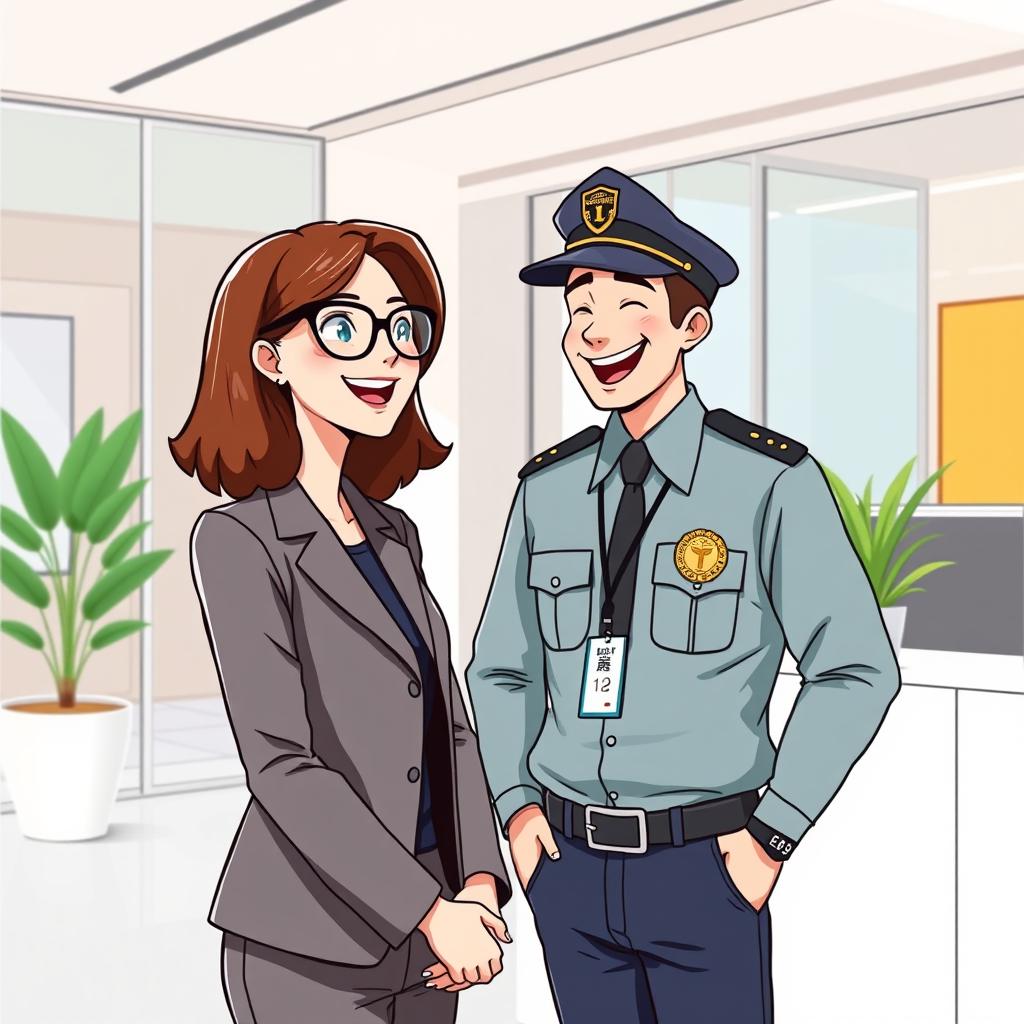 An illustrative scene of a woman with glasses, working in a modern office while laughing with a man dressed as a security guard