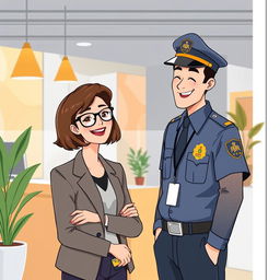 An illustrative scene of a woman with glasses, working in a modern office while laughing with a man dressed as a security guard