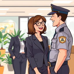 An illustrative scene of a woman with glasses, working in a modern office while laughing with a man dressed as a security guard