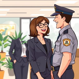 An illustrative scene of a woman with glasses, working in a modern office while laughing with a man dressed as a security guard