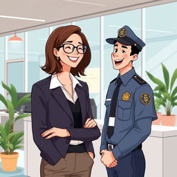 An illustrative scene of a woman with glasses, working in a modern office while laughing with a man dressed as a security guard