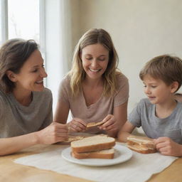 A heartwarming scene of a Caucasian family eating peanut butter sandwiches in a bright room filled with warm natural light streaming in from the windows.